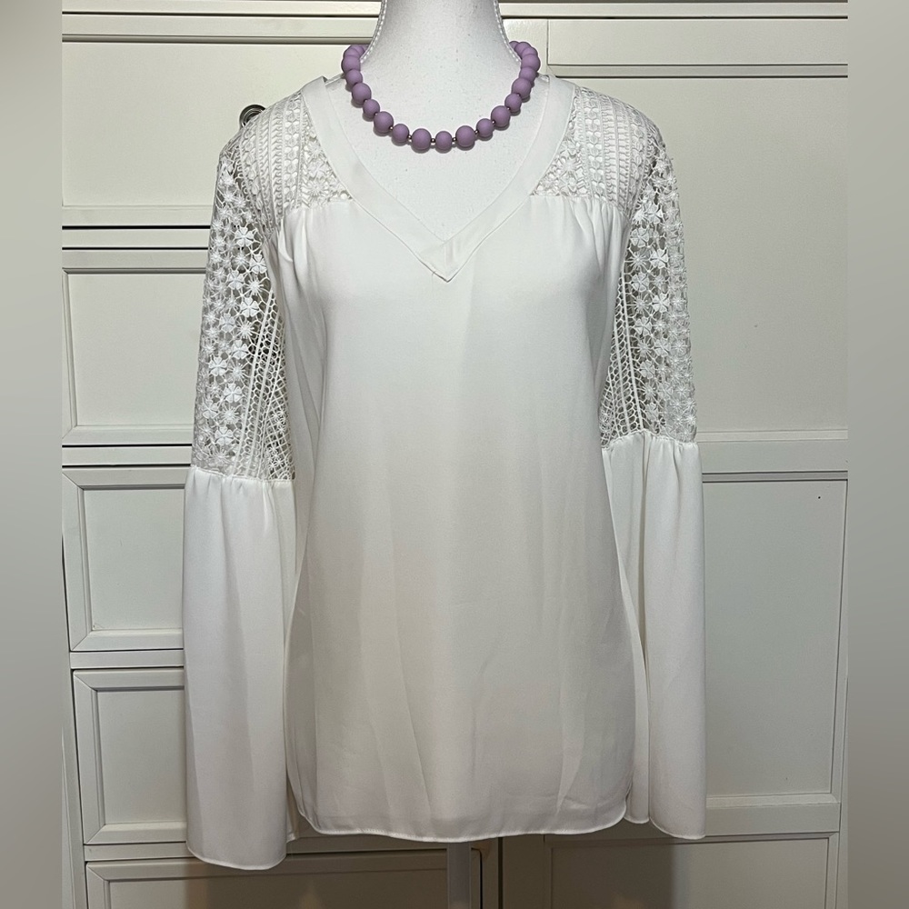 COPY - Tahari white blouse with crochet/lace details. Size L and M available. N…
